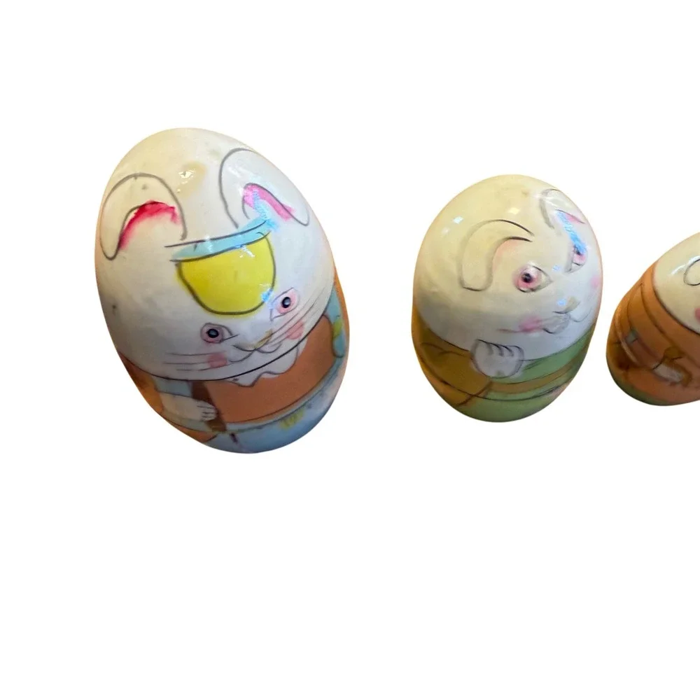 Vintage Wooden Bunny Nesting Dolls Set 5 Piece Easter Rabbit Egg READMulticolor